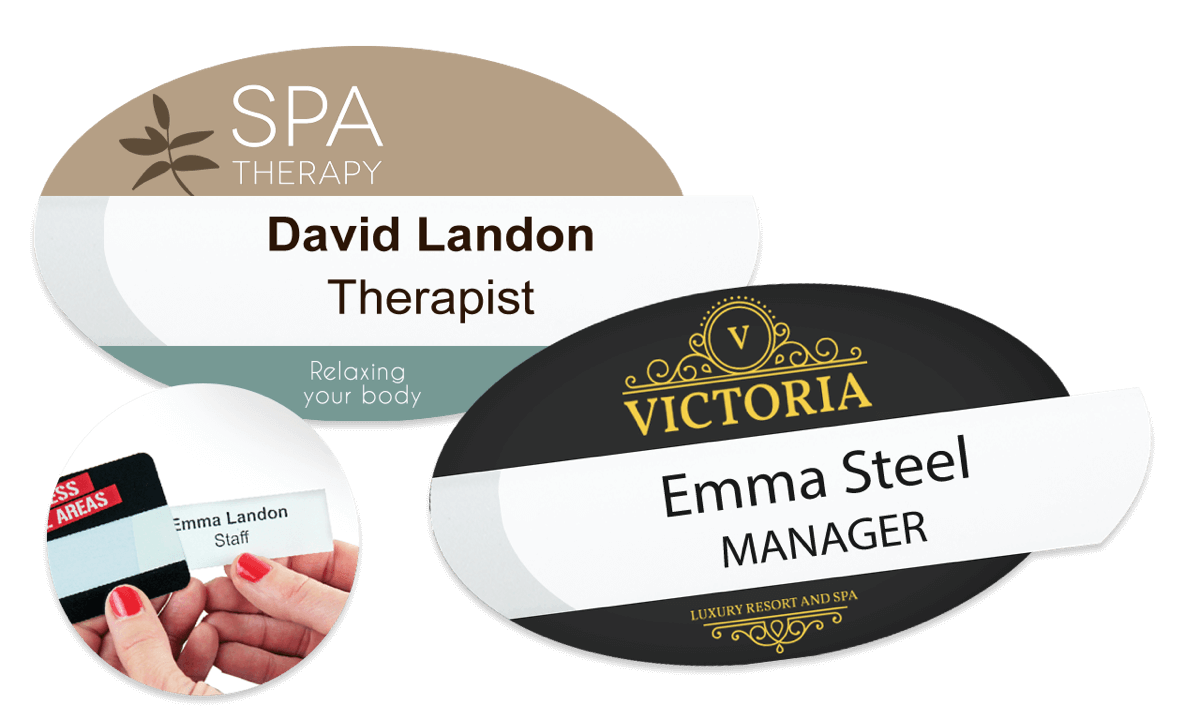 Reusable Selfit® Double line Name Badges, 70 x 40 mm, Oval shape
